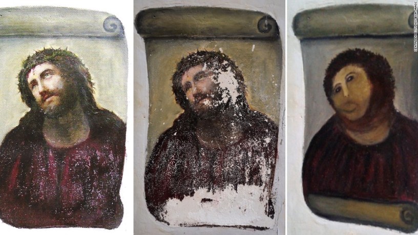 Botched Jesus Fresco, AFP PHOTO/ CENTRO DE ESTUDIOS BORJANOS" - NO MARKETING NO ADVERTISING CAMPAIGNS - DISTRIBUTED AS A SERVICE TO CLIENTS =-/AFP/GettyImages