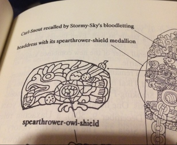 Schele and Friedel recreation of the Spearthrowing Owl Shield on Stormy Sky's headdress.