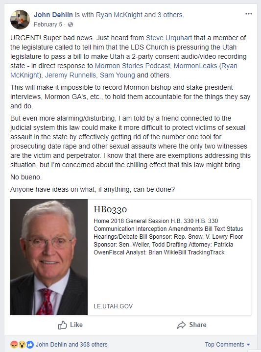 John Dehlin - Feb 5 Facebook Post