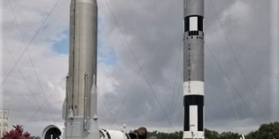 Atlas Agena and Gemini-Titan II rockets on display at Kennedy Space Center.