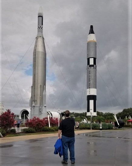 Atlas Agena and Gemini-Titan II rockets on display at Kennedy Space Center.
