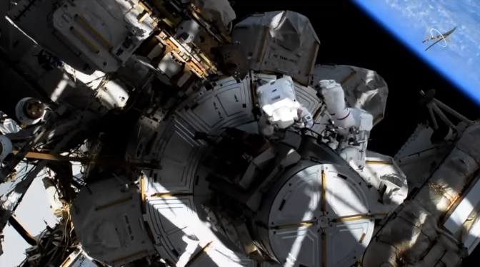 Two NASA astronauts engage in the first all-female spacewalk at the ISS