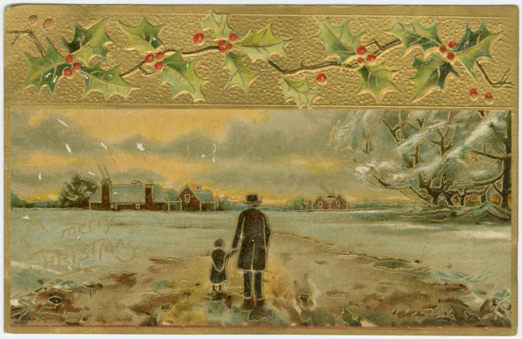christmas card with man holding child's hand in the countryside