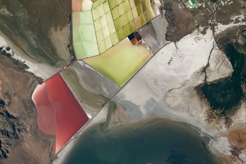 solar evaporation ponds on the Great Salt Lake in Utah, as photographed from the International Space Station