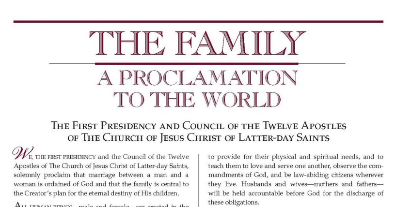 image of the title, subheader, and opening paragraph of the Family Proclamation issued by The Church of Jesus Christ of Latter-day Saints