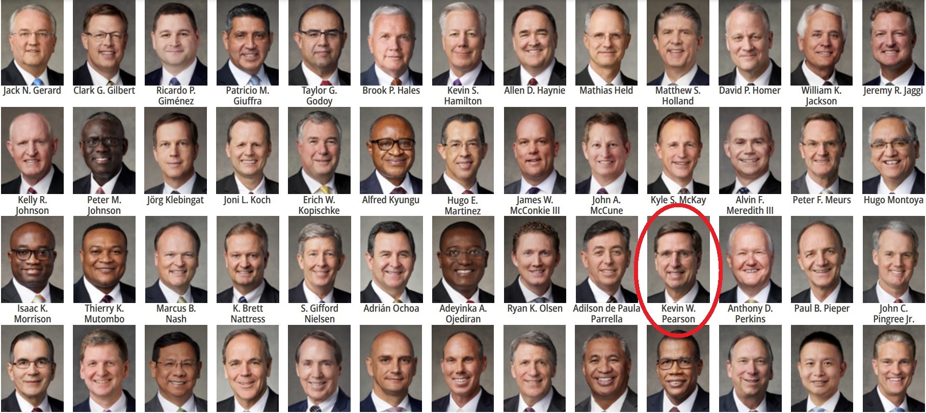 screengrab from leadership chart portraits of general authorities for The Church of Jesus Christ of Latter-day Saints with a red oval overlaying Kevin W. Pearson's headshot