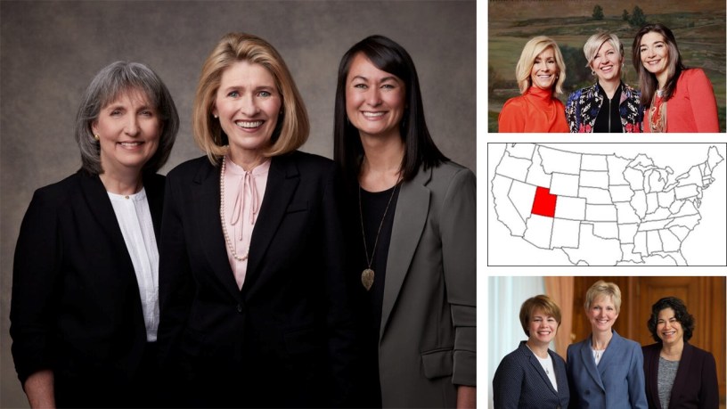 collage of women's presidencies for the Church of Jesus Christ of Latter-day Saints and a United States of America map illustration with the state of Utah filled in with red color