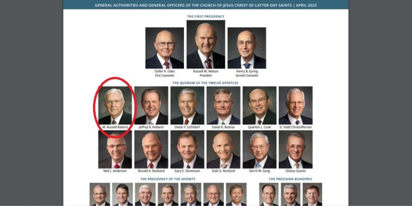 Screenshot of the April 2023 leadership chart for The Church of Jesus-Christ of Latter-day Saints, featuring Elder M. Russell Ballard and the Quorum of the Twelve Apostles