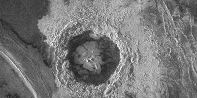 Dickson Crater and surrounding rough-textured ejecta material on the surface of Venus, as imaged by NASA's Magellan mission