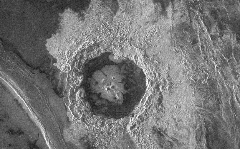 Dickson Crater and surrounding rough-textured ejecta material on the surface of Venus, as imaged by NASA's Magellan mission