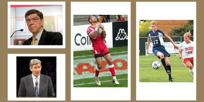 From left, successful former athletes who are members of the Church of Jesus Christ of Latter-day Saints: Clayton Christensen, Stanley Gifford Nielsen, William Hopoate, and Aleisha Cramer Rose