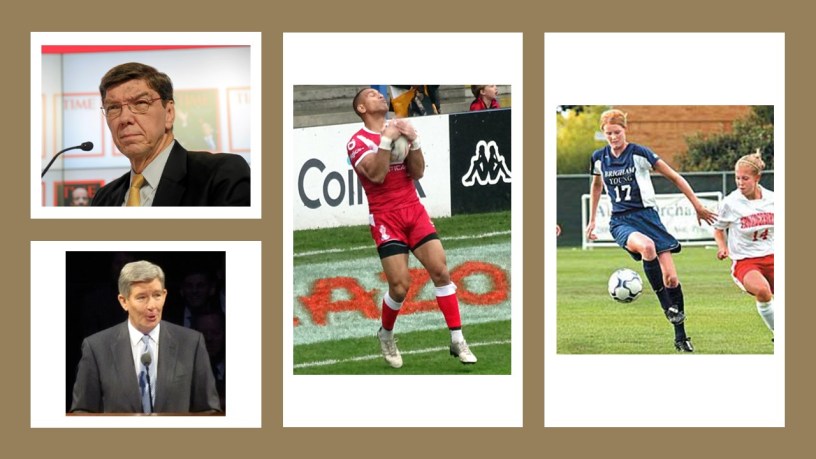 From left, successful former athletes who are members of the Church of Jesus Christ of Latter-day Saints: Clayton Christensen, Stanley Gifford Nielsen, William Hopoate, and Aleisha Cramer Rose