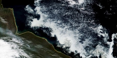 Hudson Bay coastline and sea ice as seen from space in a NASA Earth Observatory image by Wanmei Liang