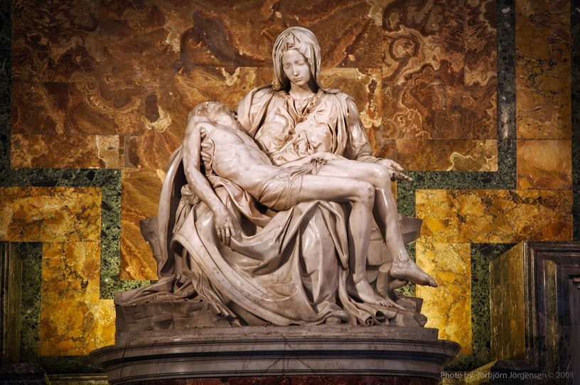 The Pieta, a sculpture by Michelangelo, featuring Mary holding the slain body of Jesus after his crucifixion