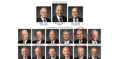 A chart of the First Presidency and Quorum of the Twelve Apostles for The Church of Jesus Christ of Latter-day Saints, with a red oval around Elder Quentin L. Cook