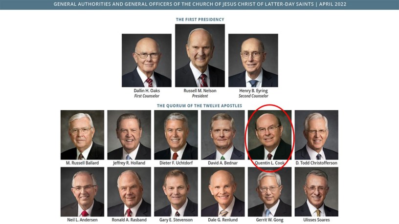 A chart of the First Presidency and Quorum of the Twelve Apostles for The Church of Jesus Christ of Latter-day Saints, with a red oval around Elder Quentin L. Cook