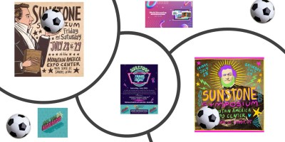A collage of promotional artwork from Sunstone Symposium 2023, with soccer balls added in Joseph Smith and Brigham Young's hands