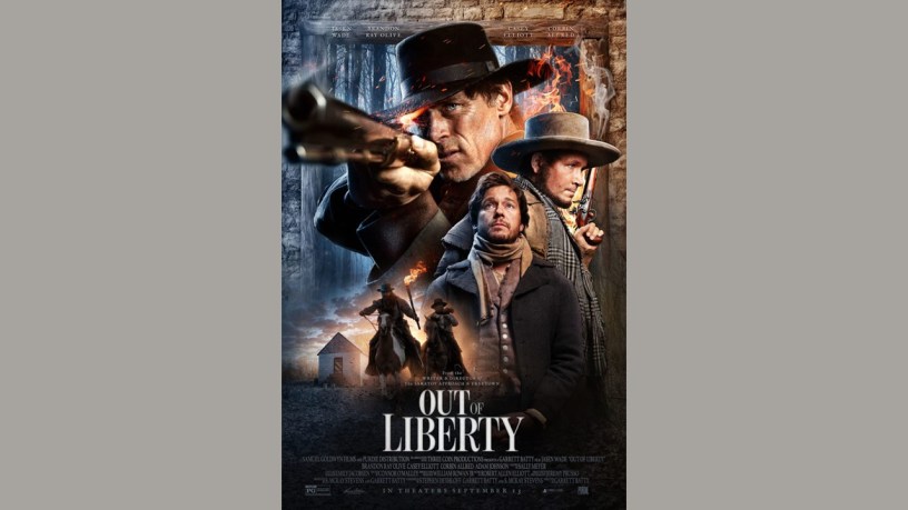 Movie poster featuring the main characters in the mormon-themed movie Out of Liberty
