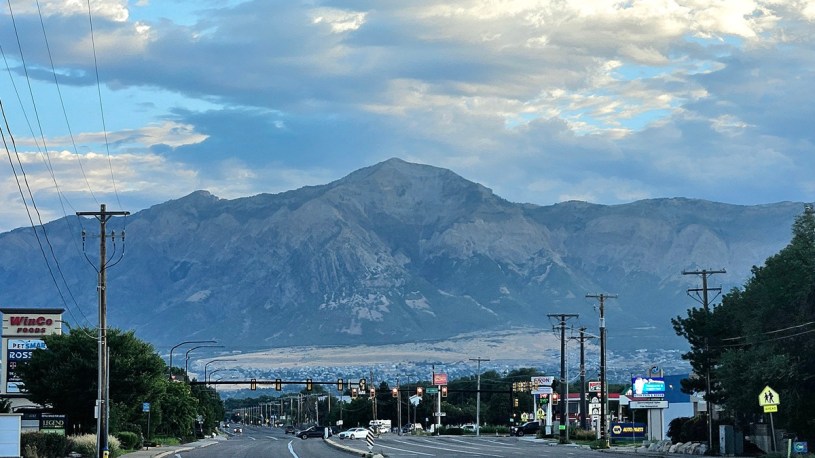 Ben Lomond Mountain, as seen from Wall Avenue in Ogden, Utah, on a partly cloudy day