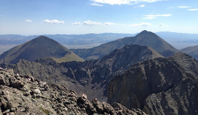 Peaks of the Sangre de Cristo Range in Colorado including Humboldt Peak viewed from the summit of Kit Carson Peak