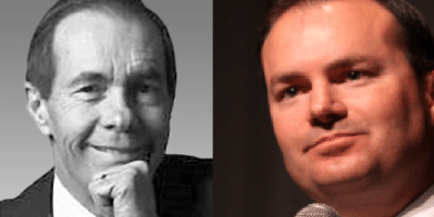 Rex Lee (left, public domain photo) served as BYU's 10th president & solicitor general in Reagan Administration from 1981-85. Mike Lee (right) speaking at LPAC 2011 in Reno, Nevada. Creative Commons license attributed to Gage Skidmore.