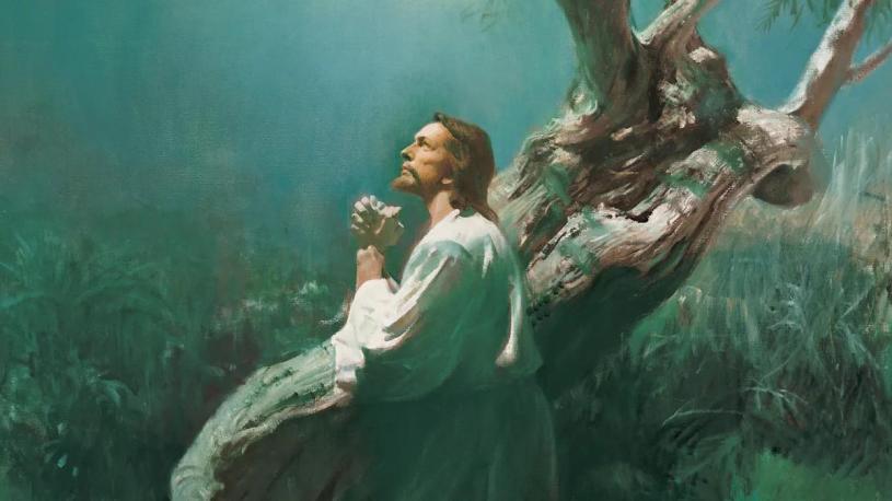 Oil panting of Jesus Christ praying next to an olive tree in the Garden of Gethsemane