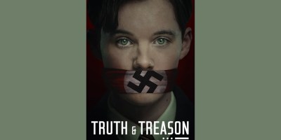 A young man with a swastika bandana covering his mouth as if being silenced; Poster for Truth & Treason, from Kaleidoscope Pictures