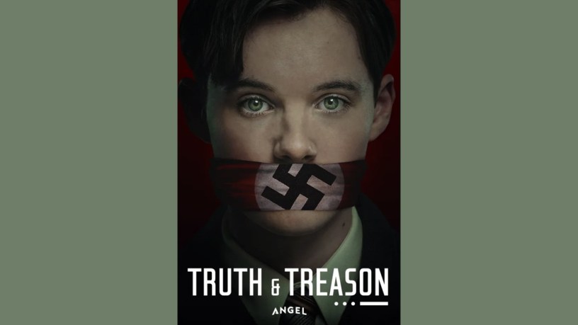 A young man with a swastika bandana covering his mouth as if being silenced; Poster for Truth & Treason, from Kaleidoscope Pictures