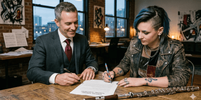 A high-quality photograph of a professional man in a sharp grey suit and a woman with an avant-garde aesthetic signing a "Venture Funding Agreement" together at a rustic wooden table. The woman has vibrant blue hair, a shaved side-profile, facial piercings, and a leather jacket, representing a "Jazz Flautist" innovator. A silver flute rests in the foreground on the table. The setting is a modern, sunlit urban loft with art on the brick walls, symbolizing a collaborative partnership between traditional resources and radical creative innovation.