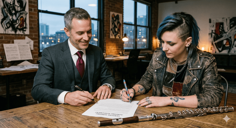 A high-quality photograph of a professional man in a sharp grey suit and a woman with an avant-garde aesthetic signing a "Venture Funding Agreement" together at a rustic wooden table. The woman has vibrant blue hair, a shaved side-profile, facial piercings, and a leather jacket, representing a "Jazz Flautist" innovator. A silver flute rests in the foreground on the table. The setting is a modern, sunlit urban loft with art on the brick walls, symbolizing a collaborative partnership between traditional resources and radical creative innovation.