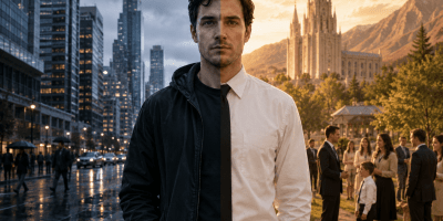 A man split between two worlds, on the left is a secular, corporate, wet, rainy world, while on the right is a bright, sunny LDS stereotypical world with temple in the background.