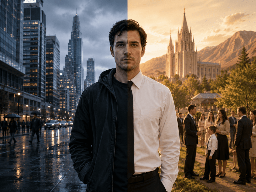 A man split between two worlds, on the left is a secular, corporate, wet, rainy world, while on the right is a bright, sunny LDS stereotypical world with temple in the background.