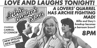 screenshot of an old black-and-white print ad for a new episode of the sitcom Archie Bunker's Place