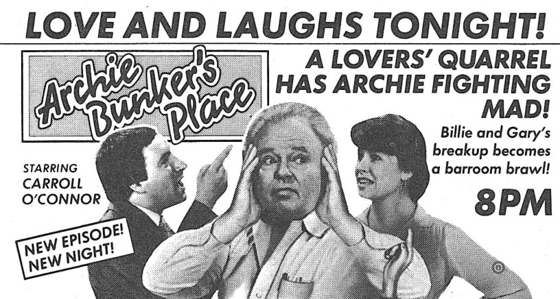 screenshot of an old black-and-white print ad for a new episode of the sitcom Archie Bunker's Place
