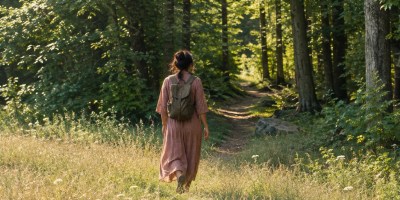 A woman walks from a meadow into a forest