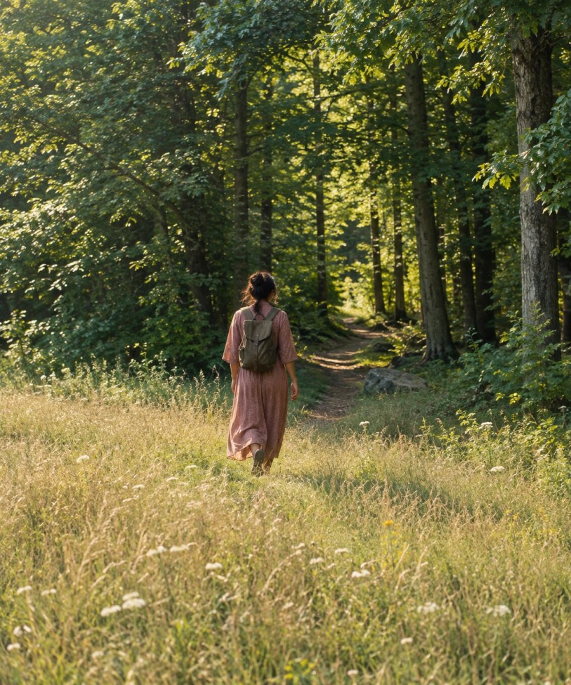 A woman walks from a meadow into a forest
