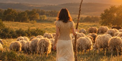 A woman tends sheep at sunset
