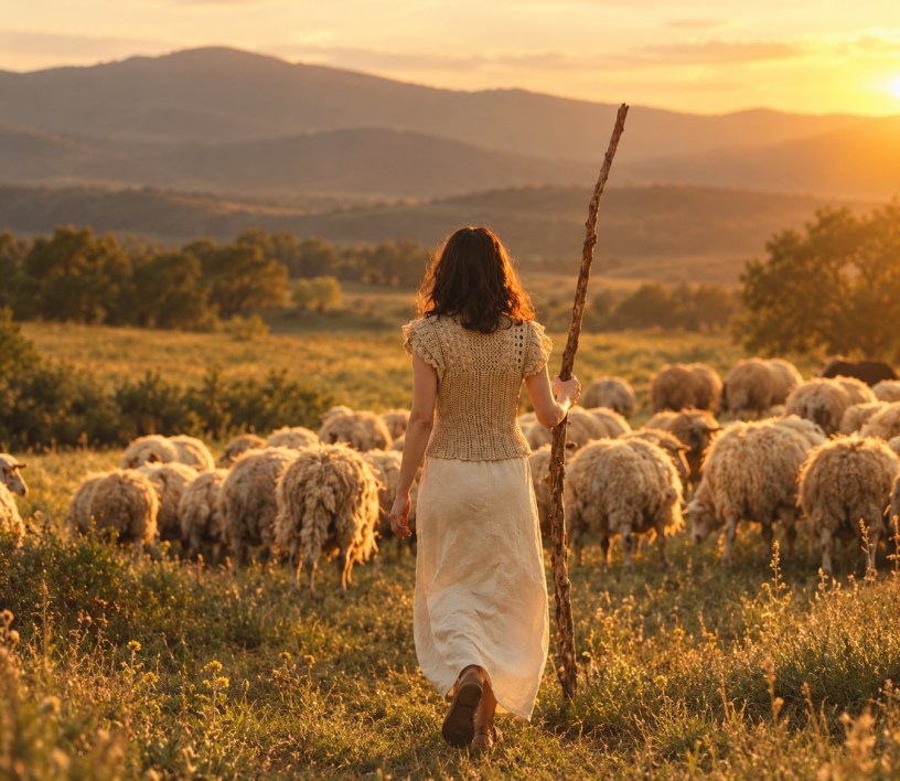 A woman tends sheep at sunset