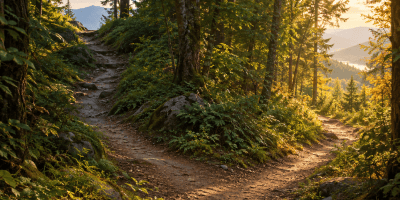 Two paths diverge in a forest.